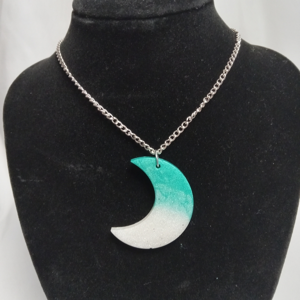 Hand Crafted Teal and White Crescent Necklace